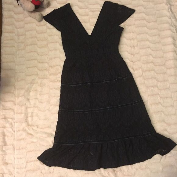 Anthropology Foxiedox Deep V Midi Dress Sz MP in Navy Blue - Picture 4 of 6